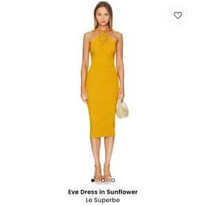 Le Superbe Dress Eve Knit Stretch Maxi, Body Con, Yellow Halter, Womens Size M